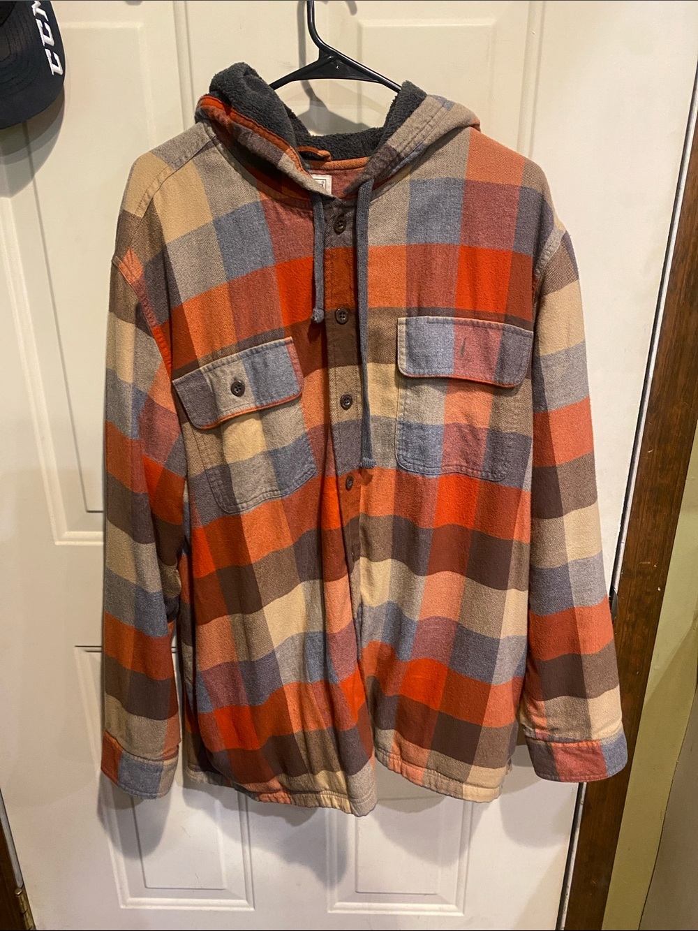 L.L. Bean Men’s Plaid Hooded Jacket in Orange, Brown, Gray, Cream